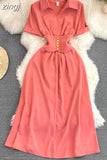 Vintage Women Midi Dress Elegant Pink/Orange/Green Polo Collar Short Sleeve High Waist A-Line Vestidos Female New