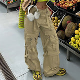 Streetwear 90s Belted Big Pockets Trim Oversized Cargo Pants Y2K Fashion Low Waist Wide-Leg Full Length Khaki