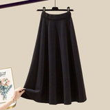 Knitted Two Piece Set Womens Outfits Korean Casual Turn Down Collar Long Sleeve Embroidery Knitted Sweater+skirts