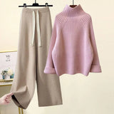 Women Sweater Suit Autumn Winter Turtleneck Knitting Sweater and Wide Leg Pants Sets Elegant Loose Jumpers Oversized