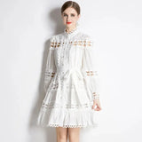 Women's Stand Collar Single Breasted Dresses New Spring Ladies Fashion Hollow Out Embroidery Lace Trims White Mini