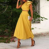 Women Solid Ruffles Backless Crop Top & Maxi Skirt Set Party Weding
