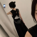 Hollow Out Dress Women Elegant Solid Sleeveless A Line Midi Dresses Summer Korean Drawstring Backless Sundress