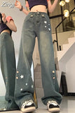 Wide Leg Pants American Retro High Waist Star Straight Denim Pant Women Y2k Streetwear Hip Hop Jeans Grunge