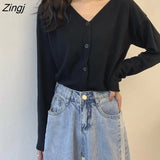 Women Elegant Soft Autumn Chic Ulzzang Basic V-neck Ladies Outerwear Single Breasted Vintage Simple Mujer Sweaters