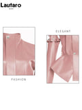 Spring Autumn Short Stylish Chic Pink Shiny Reflective Patent Pu Leather Jacket Women with Detachable Long Sleeves