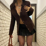 Brown Knitted y2k Sweaters Button Full Sleeve Outerwear Retro Grunge Fairycore Turn Down Collar Jumpers Kawaii
