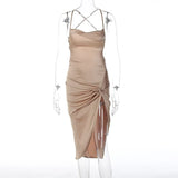 Satin Backless Lace-up High Midi Dress For Women Robe Fashion Spaghetti Strap Sleeveless Club Party Long Dress