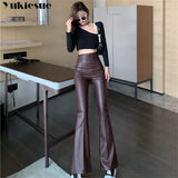 Autumn Winter Vintage Casual High Waist Trousers Streetwear PU Leather Flare Pants Women Pants Fashion Elegant Slim