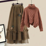 Winter Vintage Two Piece Sets Women Outfit Ladies Warm Thick Twist Turtleneck Knitted Sweater+mesh Skirt Set Women