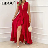 Summer Sexy Deep V-neck High Waist Sashes Ruffled Irregular Long Dress Women Elegant Print Sleeveless Evening Tank