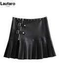 Spring Summer Sexy Retro White Black Pu Leather Mini Pleated Skirt Women Zipper Rivet Side Slit Short Designer