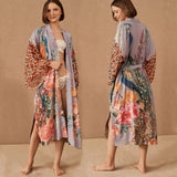 Queens Crane Floral Print Sashes Women Bohemian V Neck Batwing Sleeves Blouses Robe Kimono