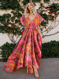 Queens Red Floral Print Women V-neck Batwing Sleeve Bohemian Maxi Dresses Ladies Rayon Cotton Beach Summer Boho