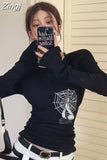 Web Print Tees O Neck Autumn Slim Fit Long Sleeve Bottoming T-shirts Tops Women Y2k Streetwear Irregular