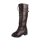 Lace Up Knee High Boots Women Fashion Boots Flats Shoes Woman Square Heel Rubber Flock Boots Botas Winter Buckle Size
