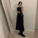 Hollow Out Dress Women Elegant Solid Sleeveless A Line Midi Dresses Summer Korean Drawstring Backless Sundress