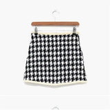 Houndstooth 2pcs Set Women Navy Collar Tweed Mini Bodycon Skirt Suit Lady Elegant Cropped Jacket Plaid Set Knitted