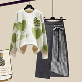 Lazy Sweater Two Piece set Women Sweet Heart-shaped beaded Pullover Jumper Top + Irregular Striped Skirt Knit 2PCS