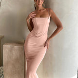 Women's Spaghetti Strap Square Collar Midi Wedding Party Dresses 2022 Summer Sexy Tunics Bodycon Evening Dress Black Red
