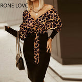 Women Elegant Geo Print Long Sleeve Tied Detail Patchwork Bodycon Dress Working