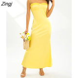 Women Sleeveless Spaghetti Strap Lace Bust Solid Color Long Dress Fashion Summer Sexy Party Club Midi Dress