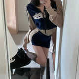 2022 Winter Long Sleeve Drawstring Hooded Embroidery Letters Velvet Sweatshirt Short Skirt Two Piece Set Outfits