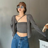 Sexy T-shirt Women Long Sleeve Two Piece Tops Solid Irregual Tank + Cardigan E Girl Crop Tops Spring Fashion Tee