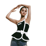 Women Casual Bandage Top 2022 New Summer Sexy Black Strapless Patchwork Bow Short Top Celebrity Evening Club Party Female