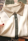 Fashion Elegant Button Up Mulberry Silk Satin Blouse Three-color Patchwork Shirt Office Lady Long Sleeve Women Tops