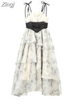 Women's Dress Vintage Korean Style Harajuku Kawaii Spaghetti Strap Floral Print One Piece Midi Dress Frocks 2023 Summer