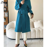 Fashion Women's Wollen Coat Scarf Collar Loose Double Breasted Full Sleeve Sashes Overcoat Female Autumn 2023 New