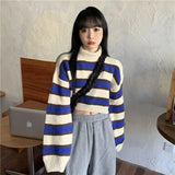 Sweater Women Sexy Cropped Turtleneck Striped Pullovers Streetwear Korean Loose Long Sleeve Knitted Sweater Chic Lady