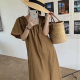 Retro Square Collar Dress Women Holiday Puff Short Sleeve Folds Backless A Line Midi Dress Beach Casual Lace Up