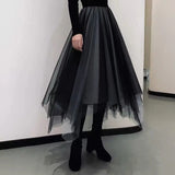 Black Tulle Patchwork Long Irregular Skirts Elastic High Waist A-Line Mesh Pleated Midi Skirts Vintage Punk