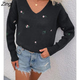 Casual Loose Flower Knit Bottoming Sweaters V-Neck Full Sleeve Sweater Pullovers 2022 New Cotton Pullover Sweater
