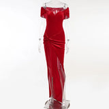 Women's Dress Elegant Tunics Pull Sleeve High Split Evening Party Dresses Y2K Tight Long Maxi Formal Vestidos Red Black