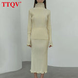 Elegant Slim Pleated Set Woman 2 Pieces Autumn Turtleneck Long Sleeve Shirt Casual Bodycon Midi Skirt Set Female