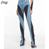 Fashion Women's Jeans Slim Deconstruct Panelled Patchwork High Waist Split Blue Long Denim Pants Autumn 2023 New