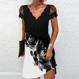 Sexy Elegant Fashion Party Dresses Women V-neck Floral Print Short Sleeve Lace Mini Dress Oversized Vestido Feminino