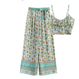 Queens Women Green Floral Print Outfits Sleeveless Tops Bohemian Elastic Drawstring Pants 2 Pieces Rayon Cotton Boho
