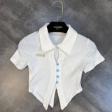 2022 Summer New Design Short Sleeve Turn Down Collar Bust Hollow Out Single Breasted Buttons Knitted T Shirt Women