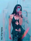 2000s Aesthetics Sexy Ruffles Cut Out White Tank Tops Y2K Fashion Bandage Hollow Out Halter Top Drawstring Clubwear