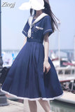 Japanese Sailor Collar Y2k Dress Mid Length A-Line Slim Waist Pleated Dresses Preppy Style Sweet Women Summer