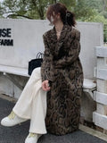 Brown Leopard-print Mid-length Coat For Women Winter 2023 Double-breasted Long Woolen Trench Overcoat Runway