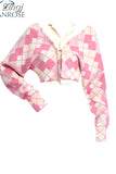 Argyle Heart Pattern Sweaters Long Sleeve Cardigan 2023 Autumn Winter Pink Sweater Women's Collar Button Cardigan