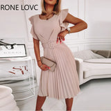 Women Casual Solid Round Neck Short Flying Sleeves Folds Midi Working