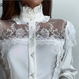 Women Solid Lace Decoration Fungus Hem Mesh Button Long Lantern Sleeves Stand Collar Sweet White