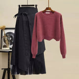 Women Winter Patchwork Long Sleeve Knitted Tops + Asymmetric Skirt 2 Piece Suit Female Party Elegant Two Piece