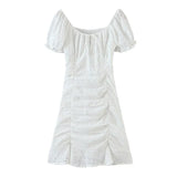 Queens Vintage Women White Lace Patchwork Off Shoulder Bohemian Mini Dress Ladies Short Sleeve Bodycon Sexy Boho